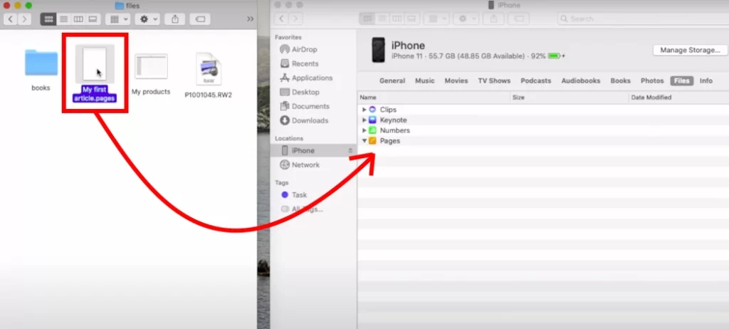 Image showing drag and drop file sharing between Mac and iPhone through Finder